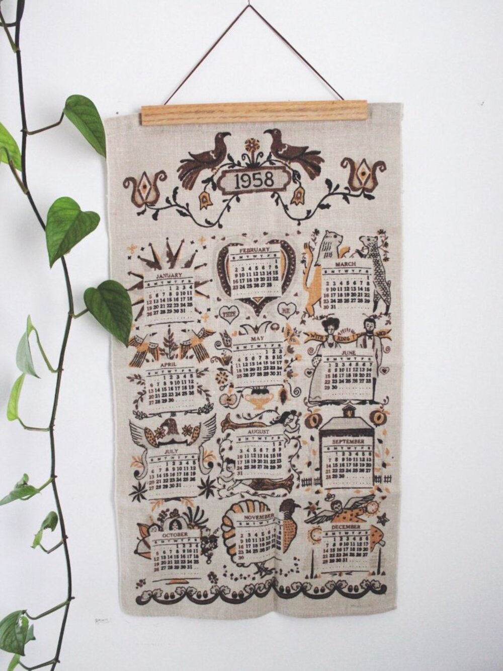 Vintage 1958 Linen Calendar Towel Pennsylvania Folk Art Pure Linen Stevens